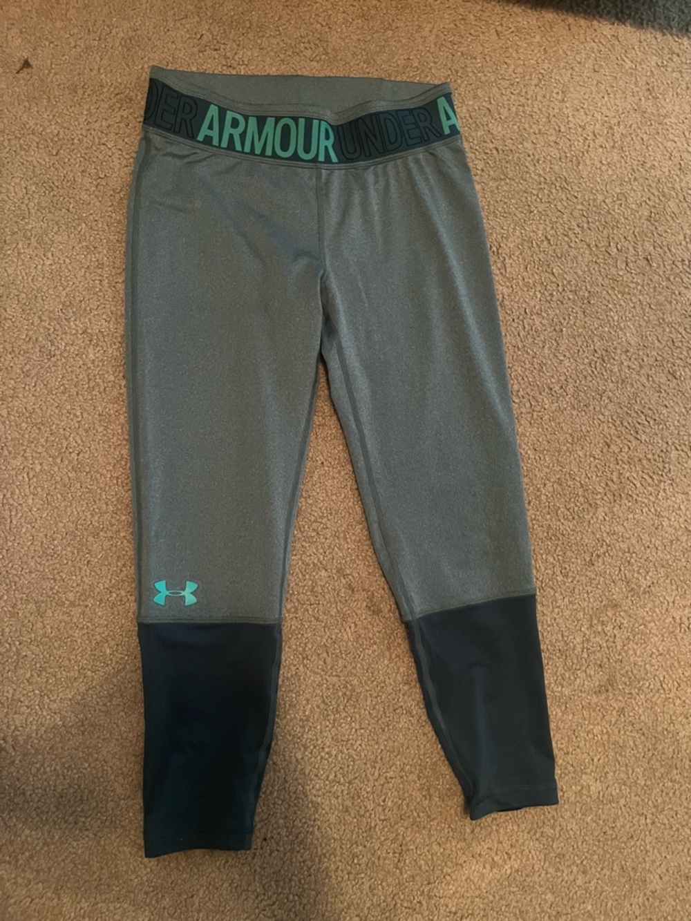 Under ArmourGray Leggings with Black Lower Panels and Teal Logo